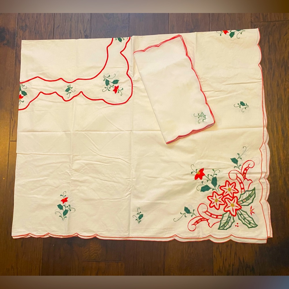 9 Piece Vintage Christmas linens - 68” x 86” tablecloth & 8 napkins Poinsettias